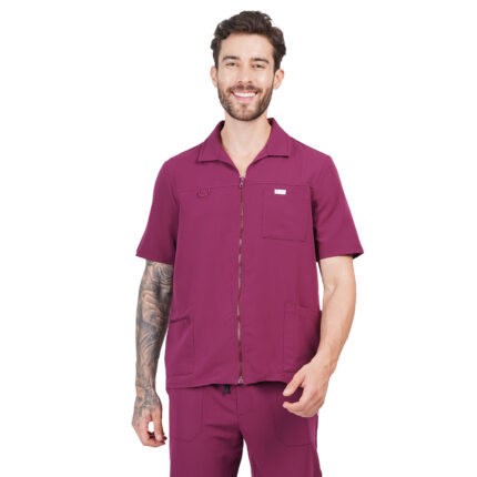 Men Scrub Tops Wine Zip Closure in Polyester