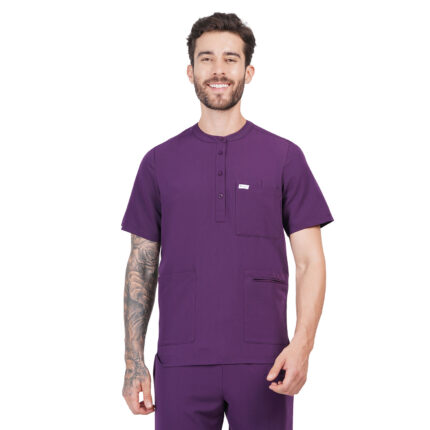 Men Scrub Tops Aubergine Button Closure in Polyester