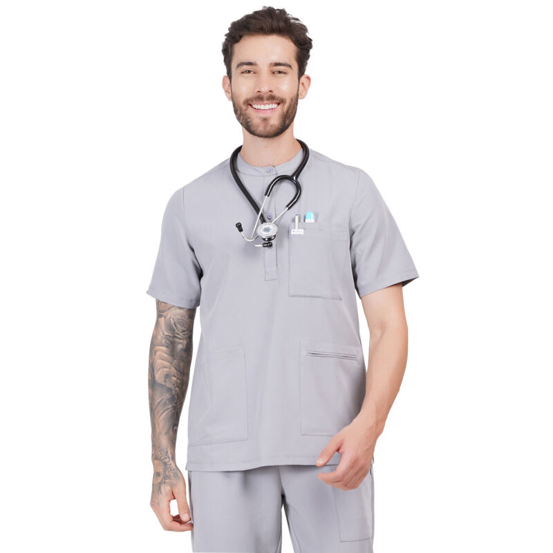 Men Scrub Tops Grey Button Closure in Polyester