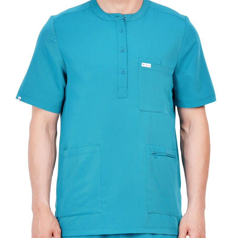 Men Scrub Tops Teal Button Closure in Polyester