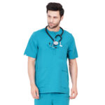 Men Scrub Tops Teal Button Closure in Polyester