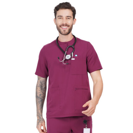 Men Scrub Tops Wine Button Closure in Polyester