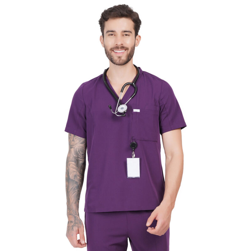 Men Scrub Tops Aubergine V Neck in Polyester