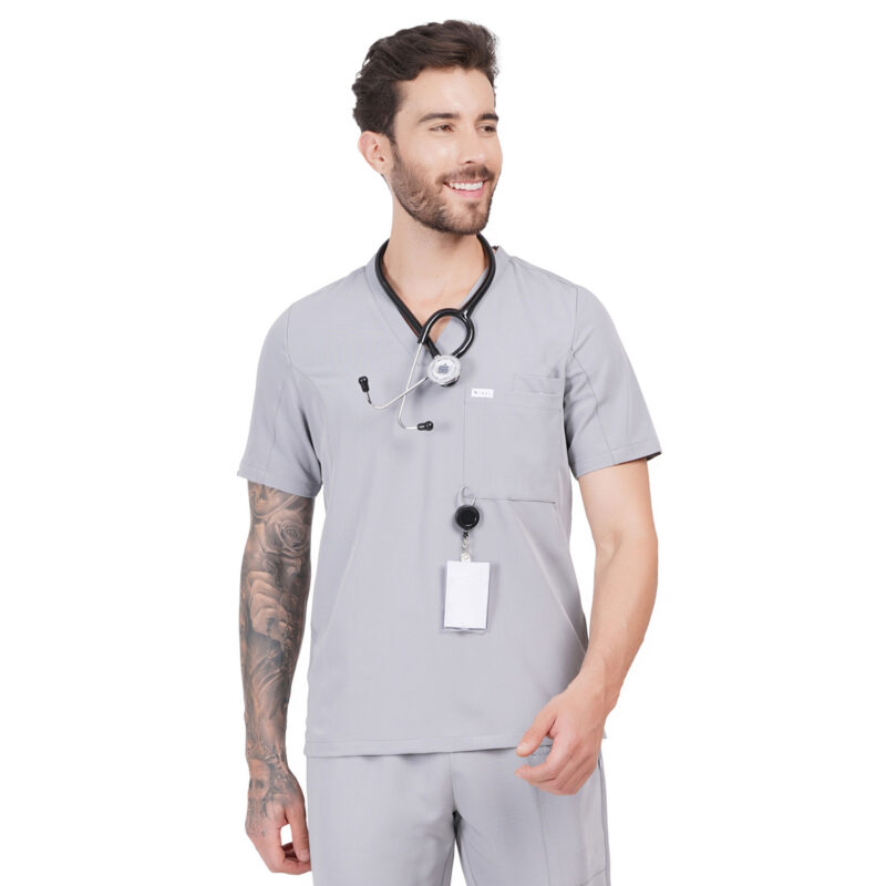 Men Scrub Tops Grey V Neck in Polyester