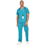 Men Scrub Tops Teal V Neck in Polyester