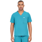 Men Scrub Tops Teal V Neck in Polyester