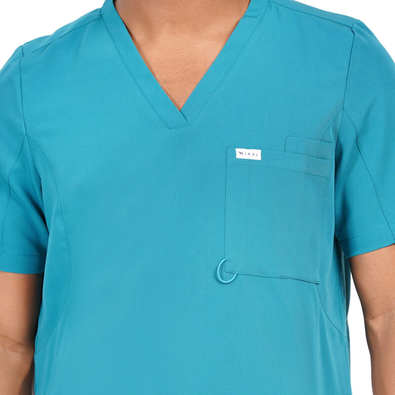 Men Scrub Tops Teal V Neck in Polyester