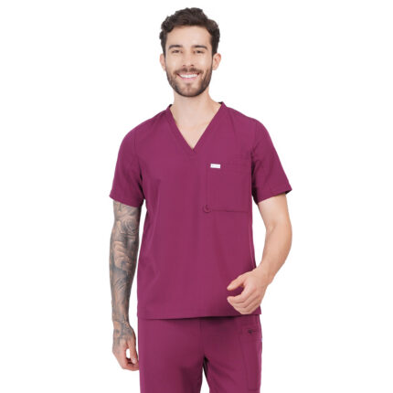 Men Scrub Tops Wine V Neck in Polyester