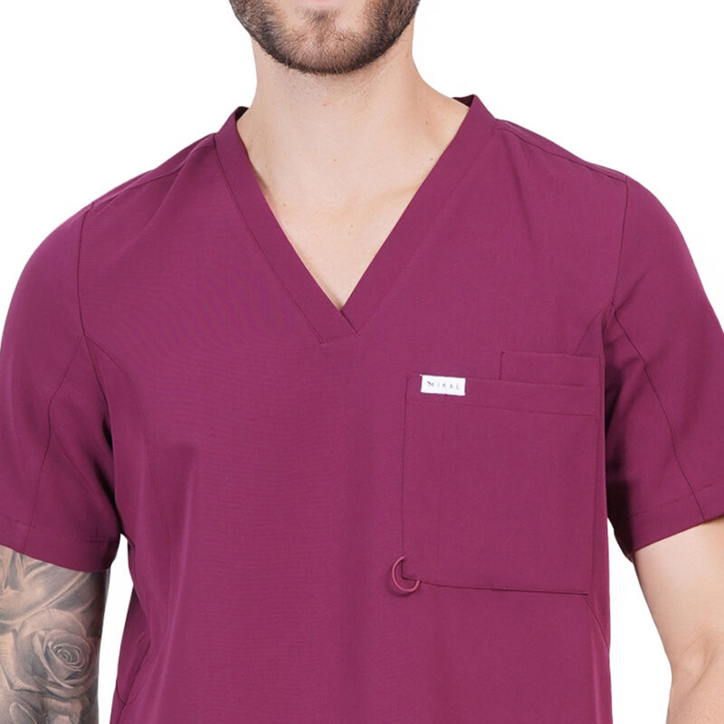 Men Scrub Tops Wine V Neck in Polyester