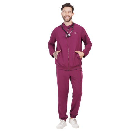 Men Zip Front Scrub Wine Jacket