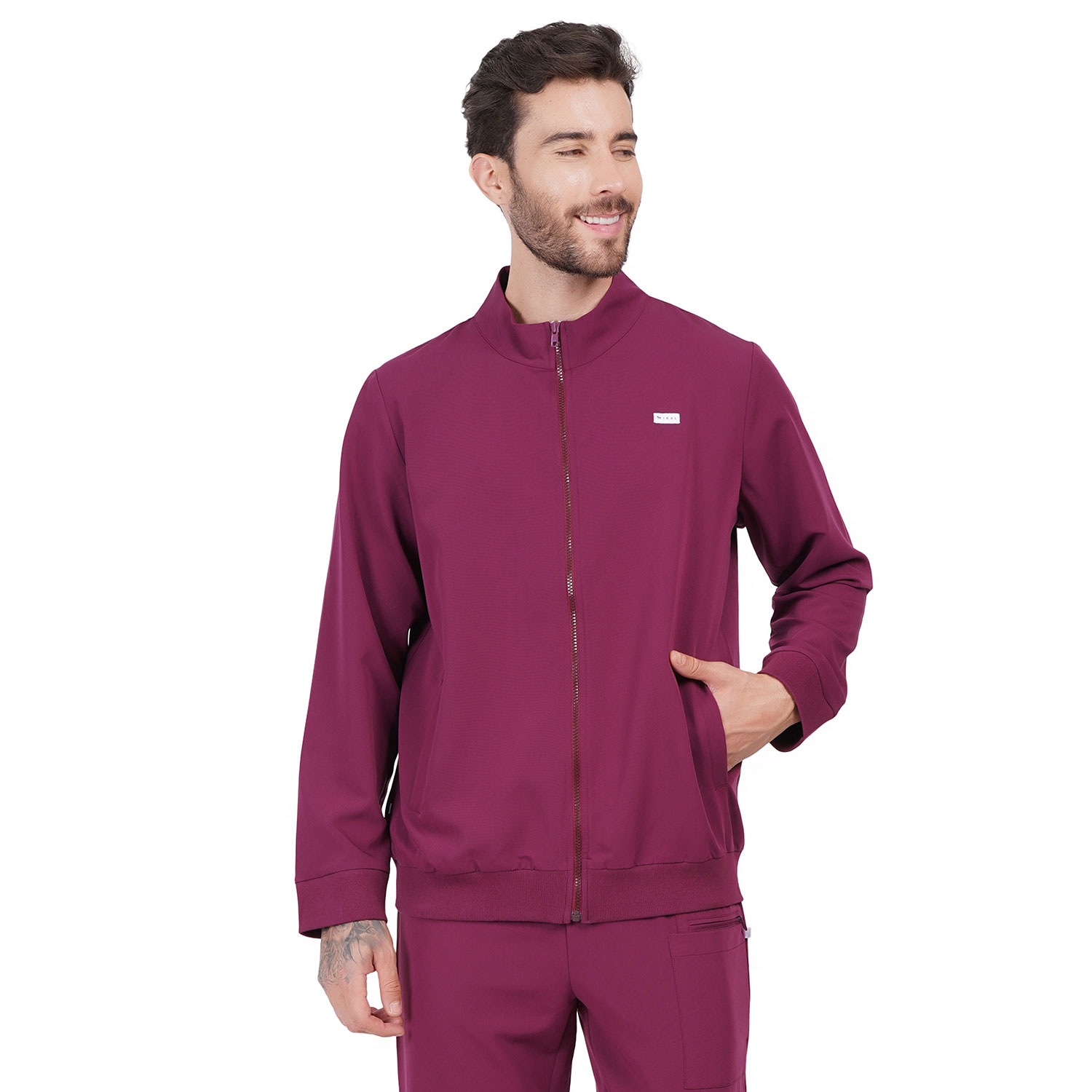 Men Zip Front Scrub Jacket Wine