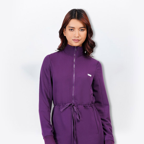 women scrub jackets mock neck aubergine